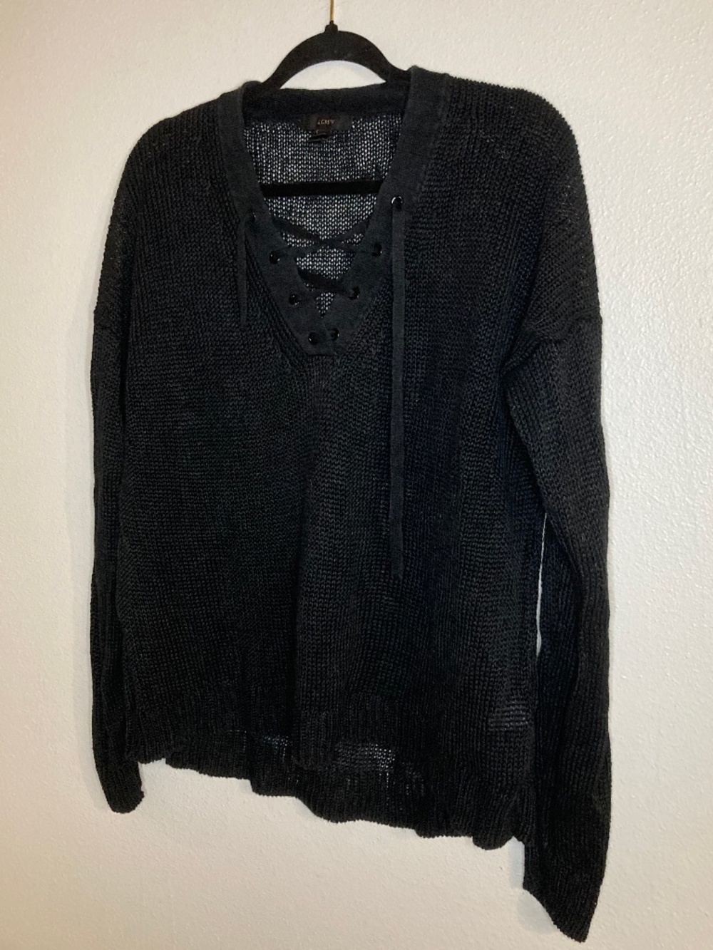 j. crew linen lace up v neck front open knit pullover relaxed sweater